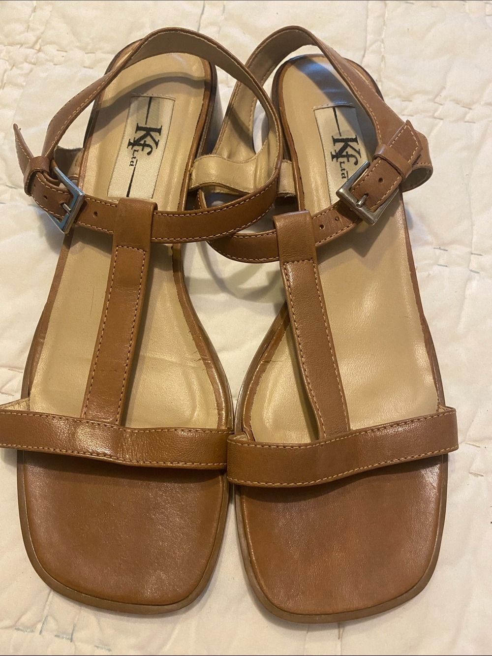 Vintage Women's Tan Leather T-Strap Ankle Buckle Sandals